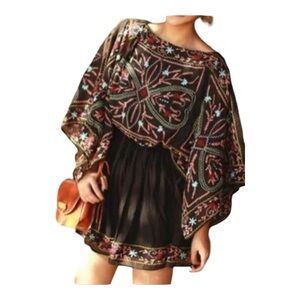Free People Boho Mini Dress Women’s XS Black Frida Embroidered Drawstring Waist